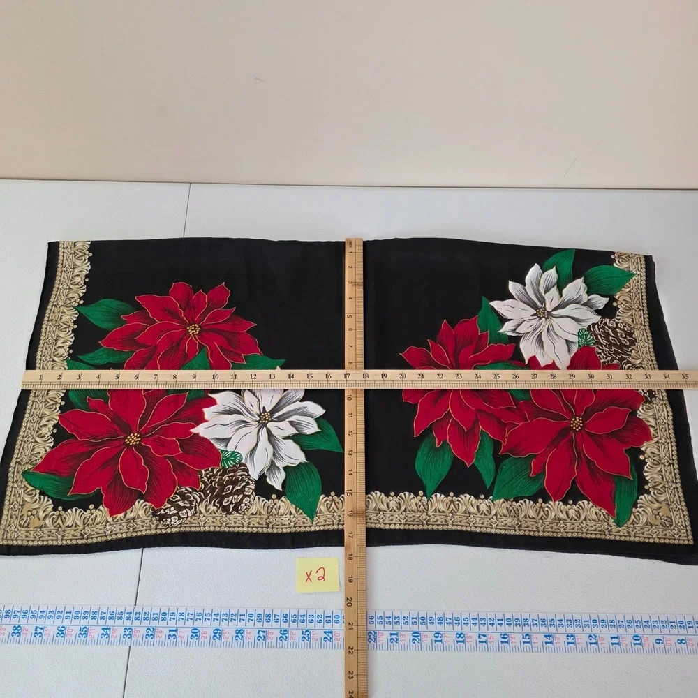 Satin Poinsetta Square Scarf Womens 34 in Black Red Floral Holiday Christmas